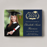 Elegant Script Photo Blue Gold College Graduation Announcement<br><div class="desc">Modern dark blue college graduation announcement featuring "Class of" in a light gold illustration of laurel wreath incorporating a grad cap topper and diploma,  a photo of the graduate and their name in an elegant light gold script. Add their school,  major,  honours or future plans.</div>