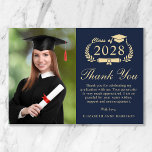 Elegant Script Photo Blue Gold Graduation Thank You Card<br><div class="desc">Modern dark blue graduation thank you card featuring "Class of" in a light gold illustration of laurel wreath incorporating a grad cap and diploma, a photo of the graduate, "Thank You" in an elegant light gold script, and a customised thank you message and the grad's name in light gold typography....</div>