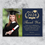 Elegant Script Photo Blue Gold Graduation Thank You Card<br><div class="desc">Modern dark blue graduation thank you card featuring "Class of" in a light gold illustration of laurel wreath incorporating a grad cap and diploma, a photo of the graduate, "Thank You" in an elegant light gold script, and a customised thank you message and the grad's name in light gold typography....</div>