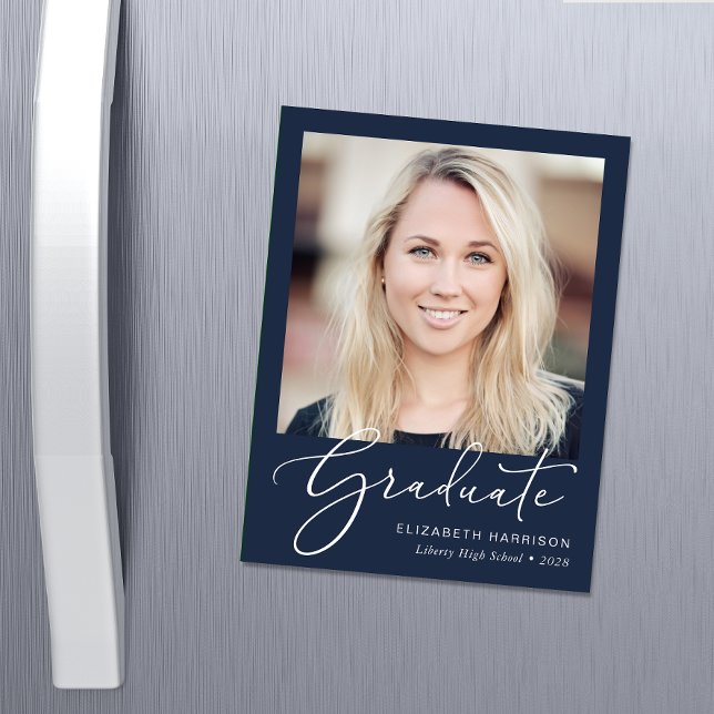 Elegant Script Photo Blue Graduation Magnetic Invitation (Creator Uploaded)