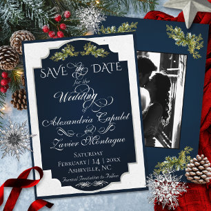 Elegant Script & Photo - Blue/Silver Save The Date