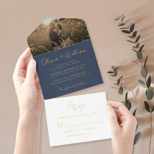 Elegant Script Photo Blue Wedding All In One Invitation