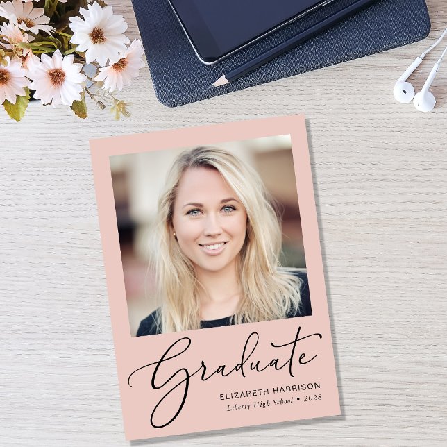 Elegant Script Photo Blush Pink Graduation Announcement (Creator Uploaded)