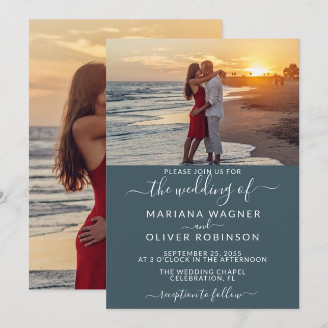 Elegant Script Photo Boho Blue Wedding Invitation (Front/Back)