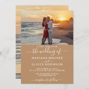 Elegant Script Photo Boho Tan Beige Wedding Invitation