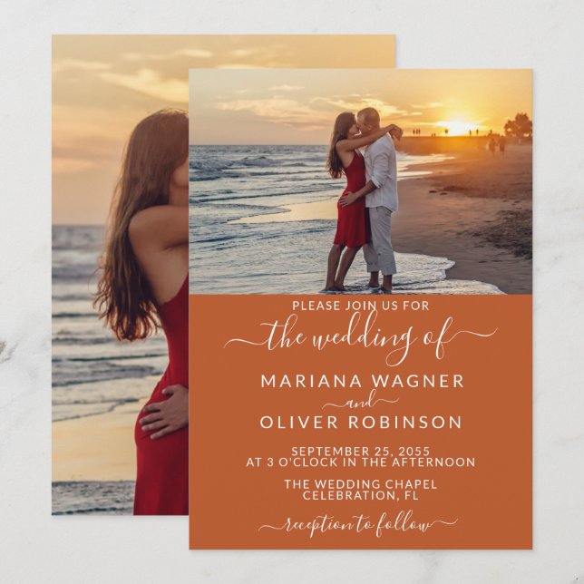 Elegant Script Photo Boho Terracotta Wedding Invitation (Front/Back)