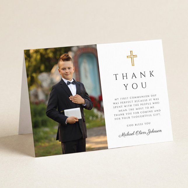 Elegant Script Photo Boy First Communion Folded Thank You Card (Elegant Script Photo Boy First Communion Folded Thank You Card)