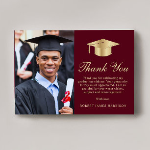 Elegant Script Photo Burgundy Gold Graduation Thank You Card