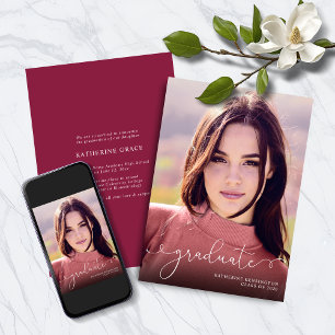 Elegant Script Photo Burgundy Maroon Graduation Announcement