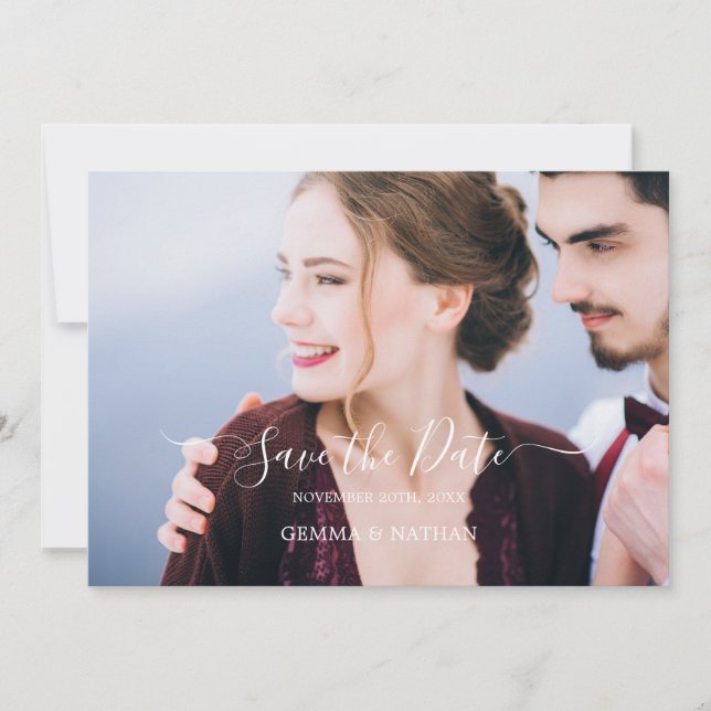 Elegant Script Photo Burgundy Save the Date Card (Front)