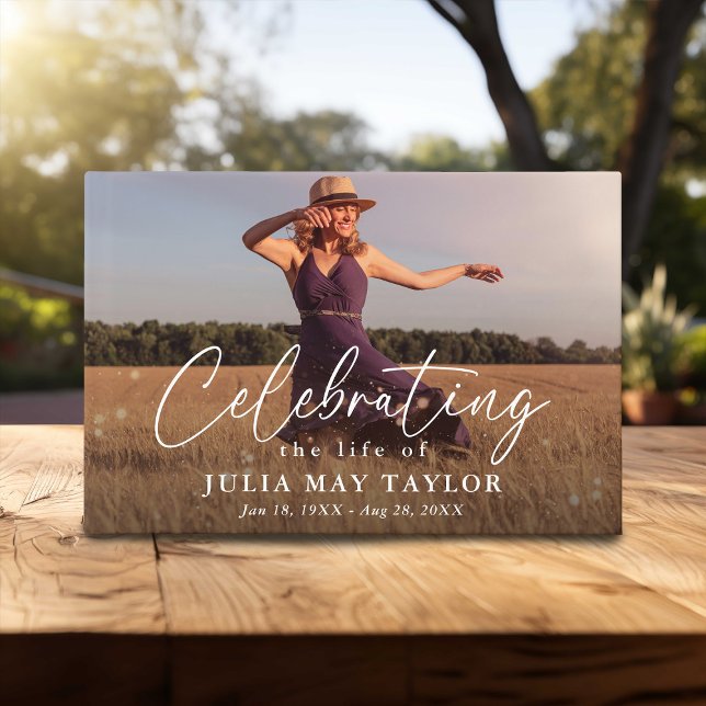 Elegant Script Photo Celebrating the Life of  Guest Book (Creator Uploaded)