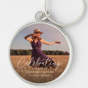 Elegant Script Photo Celebrating the Life of  Key Ring