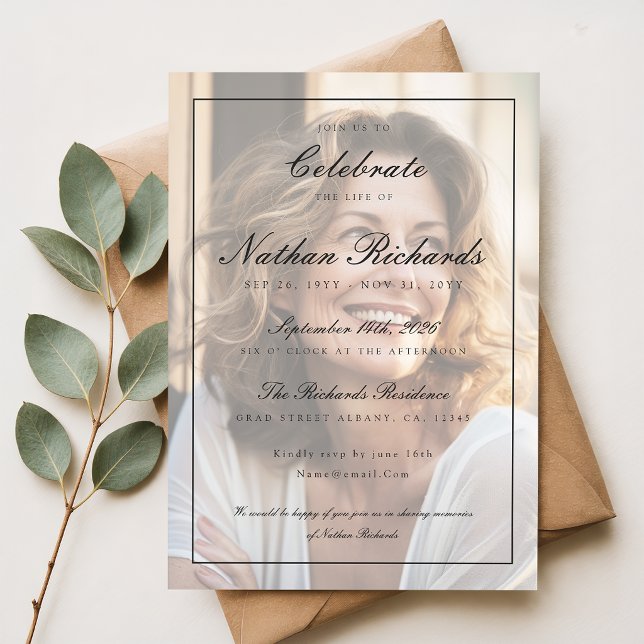 Elegant Script Photo Celebration of Life Funeral Invitation (Creator Uploaded)