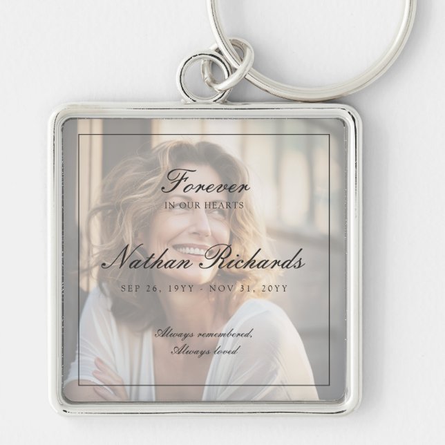 Elegant Script Photo Celebration of Life Funeral Key Ring (Front)