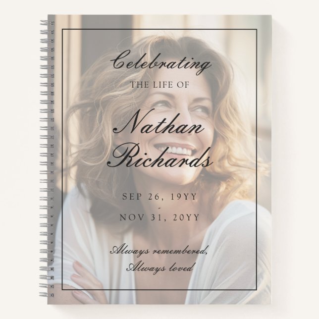 Elegant Script Photo Celebration of Life Funeral Notebook (Front)