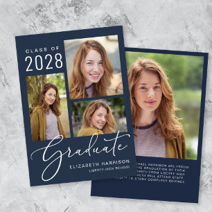 Elegant Script Photo Collage Blue Graduation Announcement