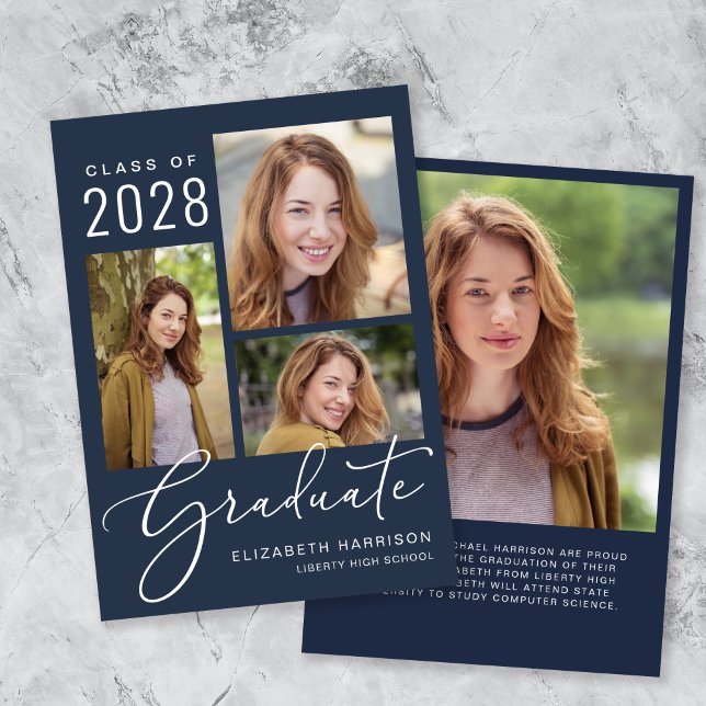 Elegant Script Photo Collage Blue Graduation Announcement (An elegant photo collage graduation announcement to celebrate the graduate's achievements)