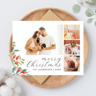 Elegant Script Photo Collage Botancal Christmas Holiday Postcard