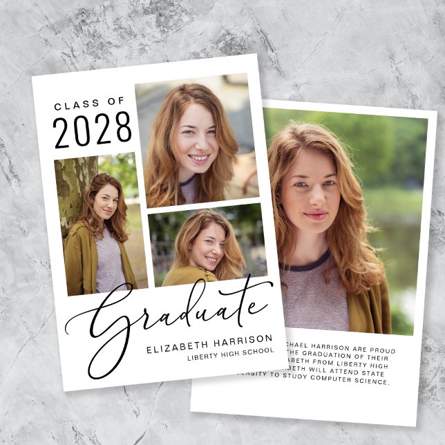 Elegant Script Photo Collage Graduation Announcement (An elegant photo collage graduation announcement to celebrate the graduate's achievements)