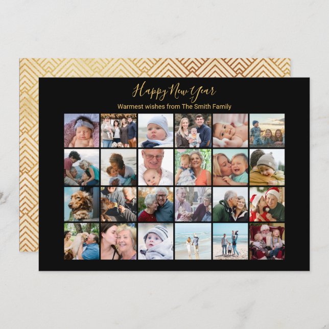 Elegant Script Photo Collage Modern Festive Gold Holiday Card (Front/Back)