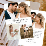Elegant Script Photo Collage Wedding Thank You<br><div class="desc">Elegant, Minimalist, Modern Hand Written "Thank You" Script Photo Collage Card. Stylish wedding thank you card template featuring three (3) photo on the front and one (1) photo on the back. Featuring a "Thank You" text in a swirly hand lettering typography or calligraphy script swash tail font in black on...</div>