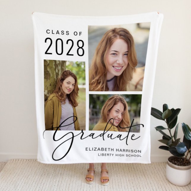Elegant Script Photo Collage White Graduation Fleece Blanket (Creator Uploaded)