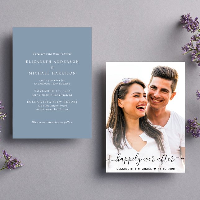 Elegant Script Photo Dusty Blue Wedding Invitation (Celebrate your love story with a modern happily ever after wedding invitation showcasing your photo)