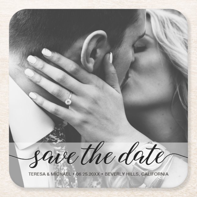Elegant script Photo Engagement Save The Date Post Square Paper Coaster (Front)