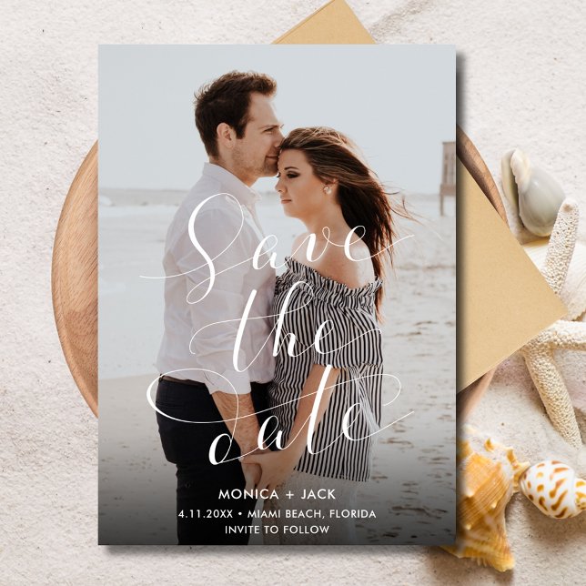 Elegant Script Photo Florida Beach Wedding  Save The Date (Elegant Script Photo Florida Beach Wedding Save The Date)