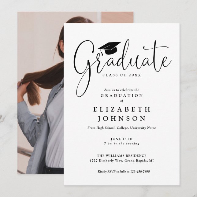 Elegant Script Photo Graduation Party Invitation (Front/Back)