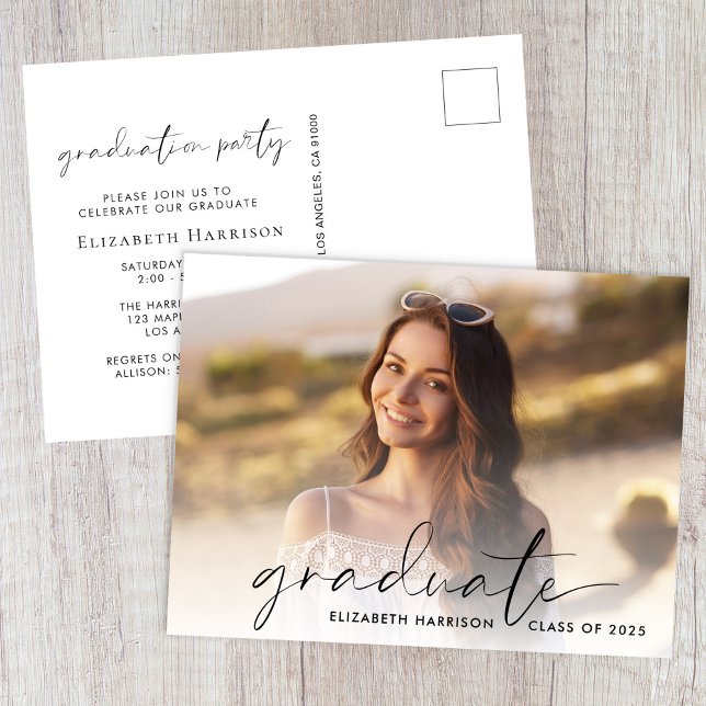 Elegant Script Photo Graduation Party Invitation Postcard (Creator Uploaded)