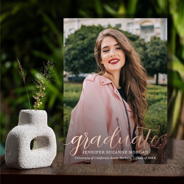 Elegant Script Photo Graduation Rose Gold (Elegant script graduation REAL rose gold foil invitations with your party details on the back)