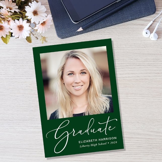 Elegant Script Photo Green Graduation Announcement (Creator Uploaded)
