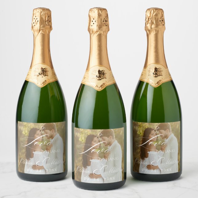 Elegant Script Photo Love Story Wedding Sparkling Wine Label (Bottles)
