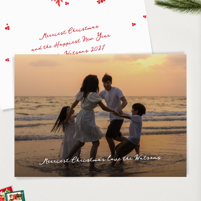 Elegant Script Photo Merriest Christmas Holiday Card (Creator Uploaded)