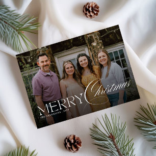 Elegant Script Photo Merry Christmas Plaid  Holiday Card
