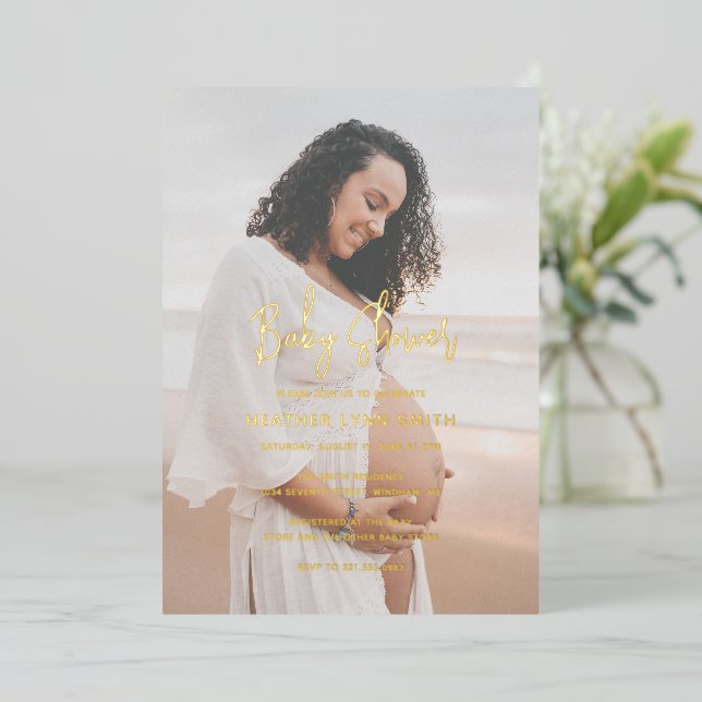 Elegant Script Photo Modern Baby Shower (Standing Front)