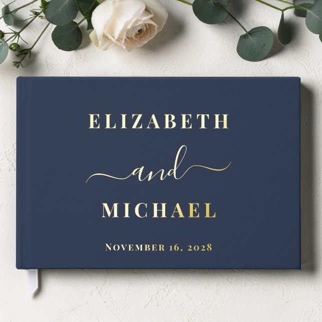 Elegant Script Photo Navy Blue Wedding Guest Book (Elegant Script Photo Navy Blue Wedding Foil Guest Book)