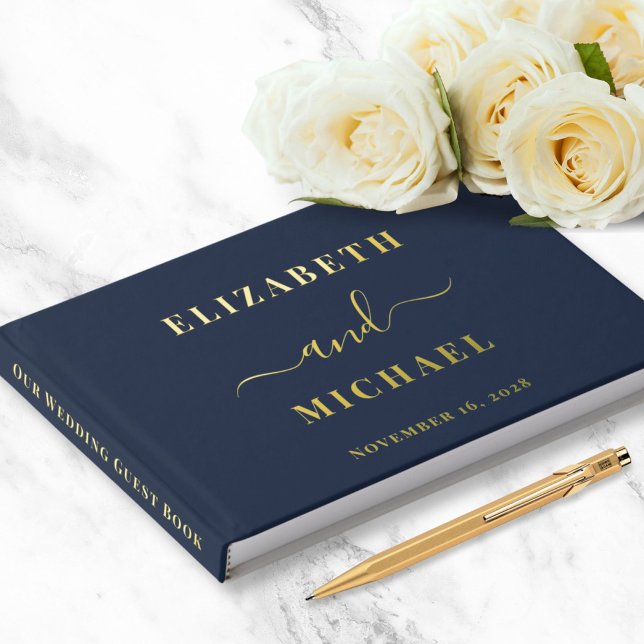 Elegant Script Photo Navy Blue Wedding Guest Book (Creator Uploaded)