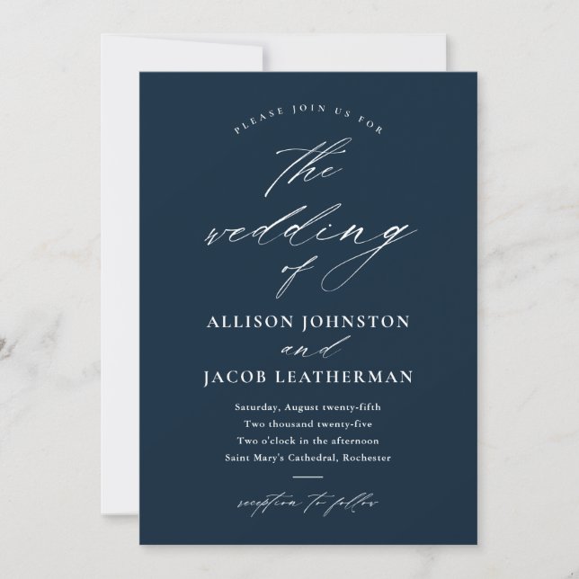 Elegant Script Photo Navy Blue Wedding Invitation (Front)