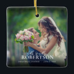 Elegant Script Photo Newlywed Christmas Ceramic Ornament<br><div class="desc">Add your wedding photo to this elegant Christmas ornament and personalise with your names and wedding date.</div>