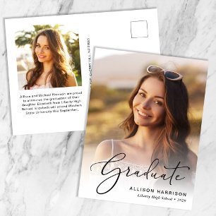 Elegant Script Photo Overlay Graduation Announcement Postcard