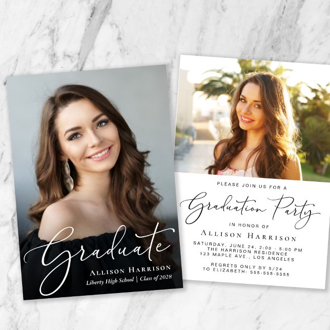 Elegant Script Photo Overlay Graduation Party Invitation (An elegant photo graduation party invitation to celebrate the graduate's achievements)