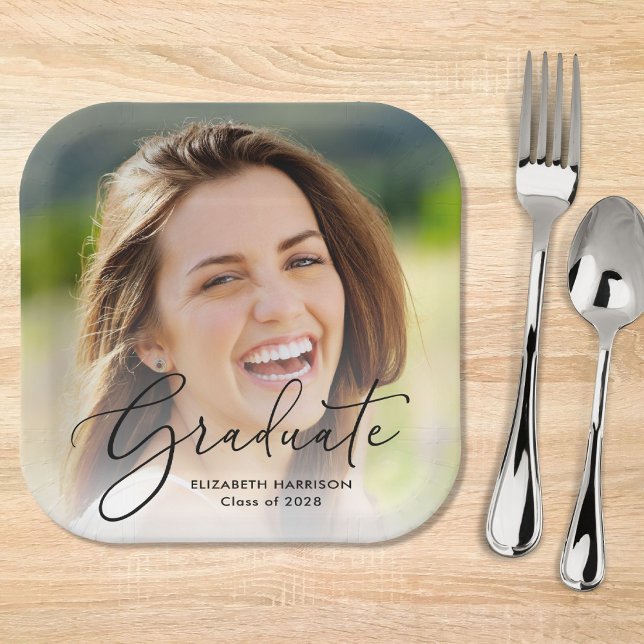 Elegant Script Photo Overlay Graduation Party Paper Plate (Creator Uploaded)