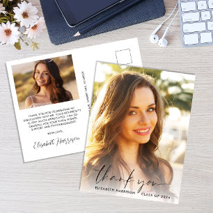 Elegant Script Photo Overlay Graduation Thank You Postcard