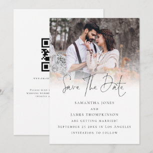 Elegant Script Photo Overlay QR Code Wedding Save The Date