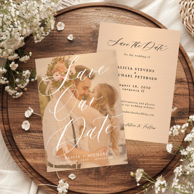 Elegant script photo overlay terracotta wedding save the date (Creator Uploaded)