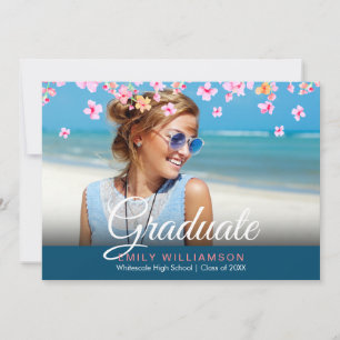 Elegant Script Photo Pink Floral Graduation Party Invitation