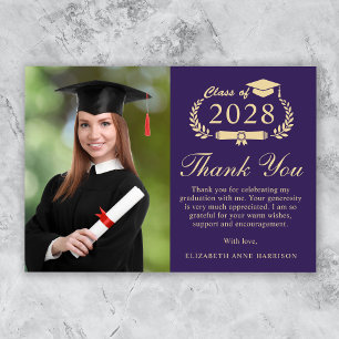 Elegant Script Photo Purple Gold Graduation Thank You Card