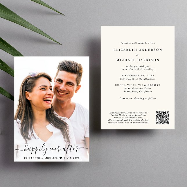 Elegant Script Photo QR Code Cream Wedding Invitation (Elegant all-in-one wedding invite featuring your photo + a QR code linked to your wedding website)